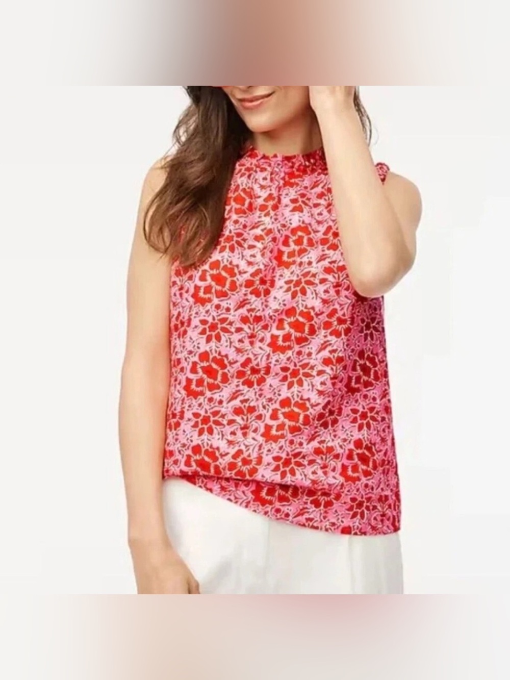 J.Crew Floral Ruffle-Neck Sleeveless Top Red Pink Linen Cotton Size Medium